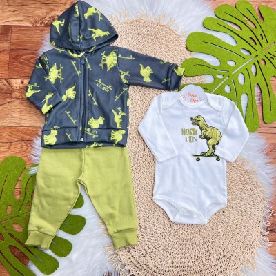 Conj. Jaqueta com Capuz, Body Manga Longa Dino Skatista e Calça de Moletom - Cinza e Verde